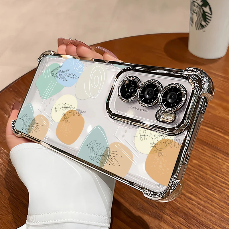 

Leaves Pattern Phone Case For Motorola Edge 70 60 50 Fusion Moto G77 G60 G40 G24 G06 Plating Shockproof Transparent Cover