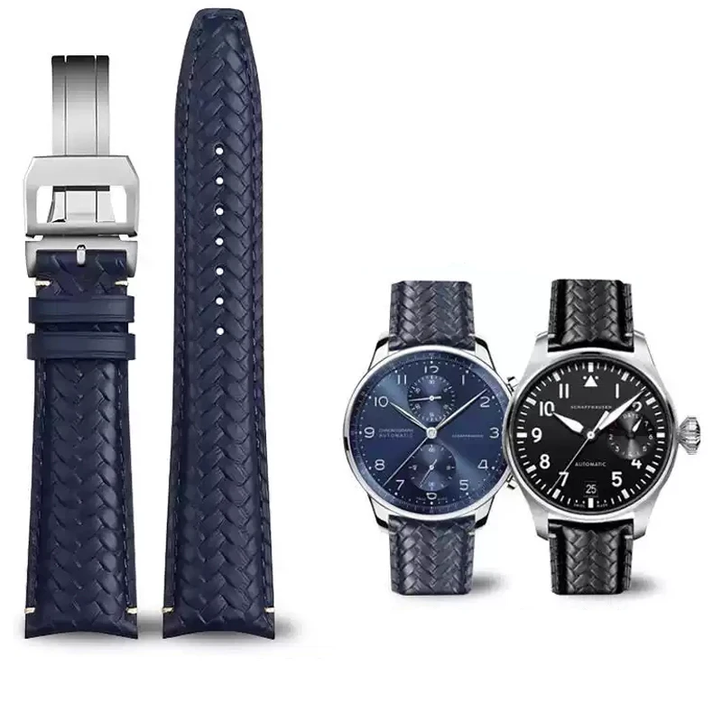 

Woven Cowhide Leather Watchband For IWC IW344205 Portuguese Chronograph Pilot Portofino Folding Buckle Strap 22mm Blue Black