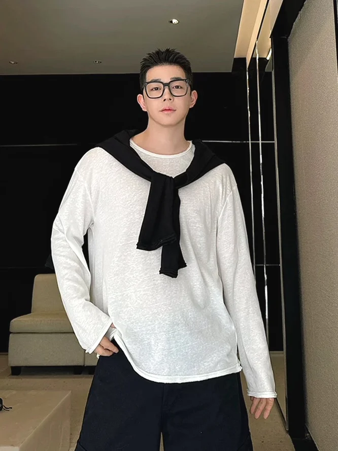 

Легкая мужская футболка свободного кроя из льна с текстурой, разноцветная, с длинным рукавом, повседневная, дышащая, комфортная, базовая...