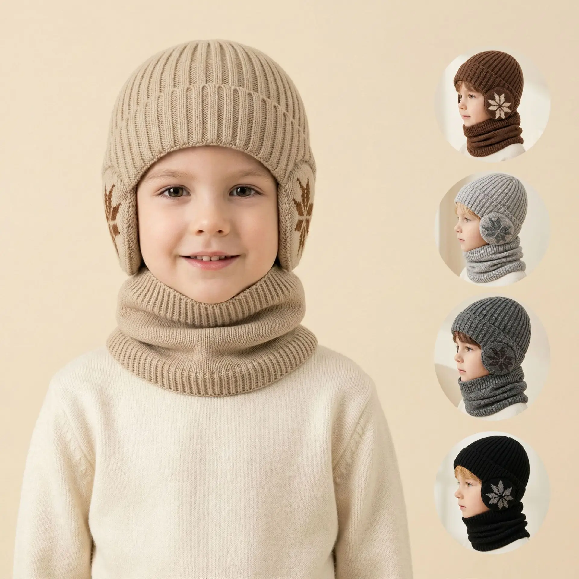 

2pcs 3-10Y Cross-border Snowflake Ear-protecting Children's Hat and Scarf Set, 2 Pieces, Winter Outdoor Knitted Hat with Fleece