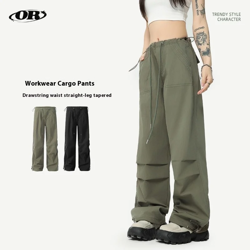 

OR Pull Women Rope Fold Cargo Paratrooper Pants Autumn Street Trend Staraight Tie The Feet Slacks Trousers Cotton Wide Leg Pants