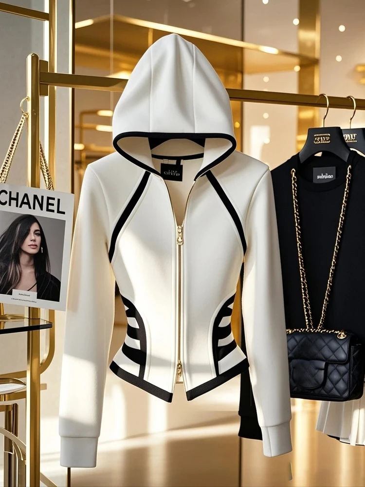 Elegant White Hoodie Jacket Women's Short Top Winter Fashion Waist-Cinching Outerwear Commute Style Long Sleeve Zipper Closure