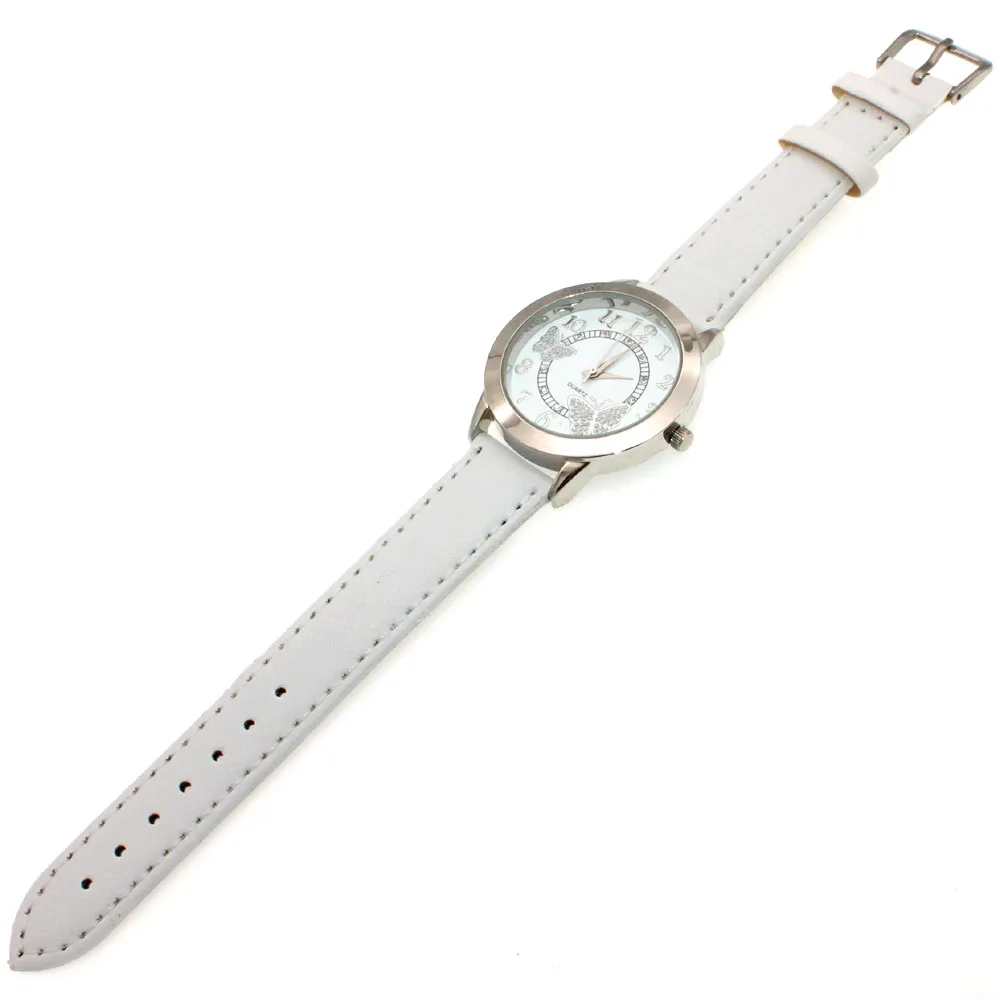 

Модные женские часы с белыми кристаллами и бриллиантами и бабочкой, кварцевый механизм, кожаный браслет, женские наручные часы с белым циферблатом U16J