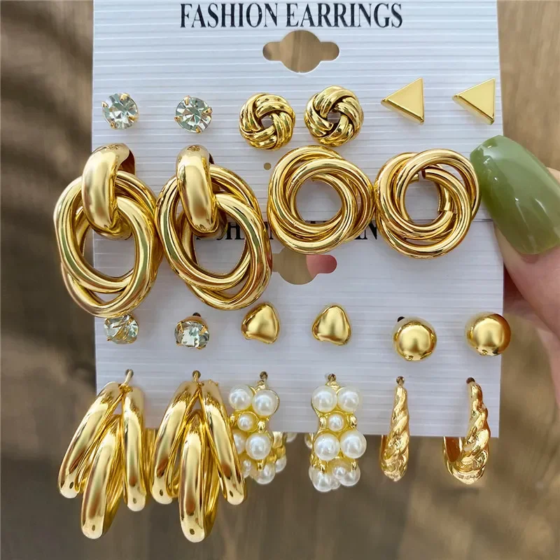 Geometric Gold Color Pearl Drop Earrings Set for Women Punk Vintage Circle Hoop Dangle Earrings Korean Trendy Jewelry Gifts