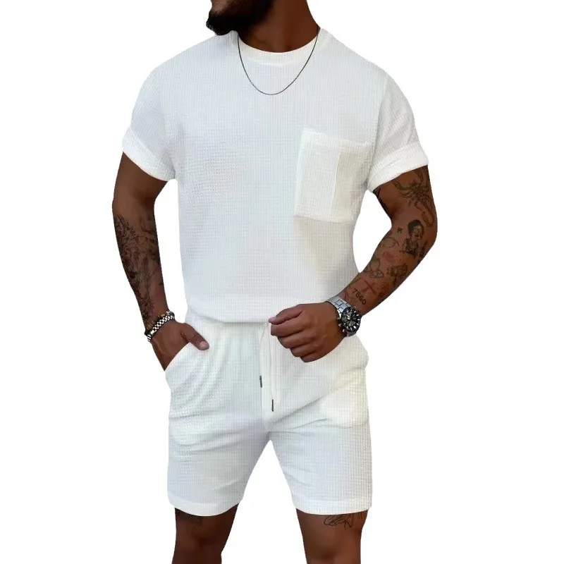 Leisure Sports Suit Mens Waffle Short Sleeve Suit Fashion Summer Menswear tracksuit