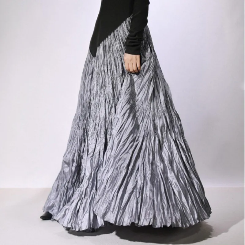 Seoulish Spring Summer 2026 New High Waist Irregular Pleasted Women's Long Skirts Solid Vintage Casual Umbrella Skirts Female