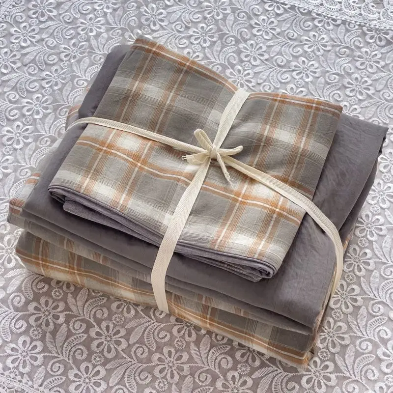 Washed Cotton Bed Sheet and Pillowcase Set, Japan Bedroom, Plaid, Solid Color, Soft, Student, 3-Piece