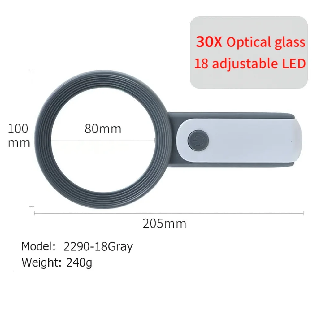 새로운 30배율 18 LED 조명 냉온 조명 고배율 HD 노인 독서 학생 관찰 유리 돋보기