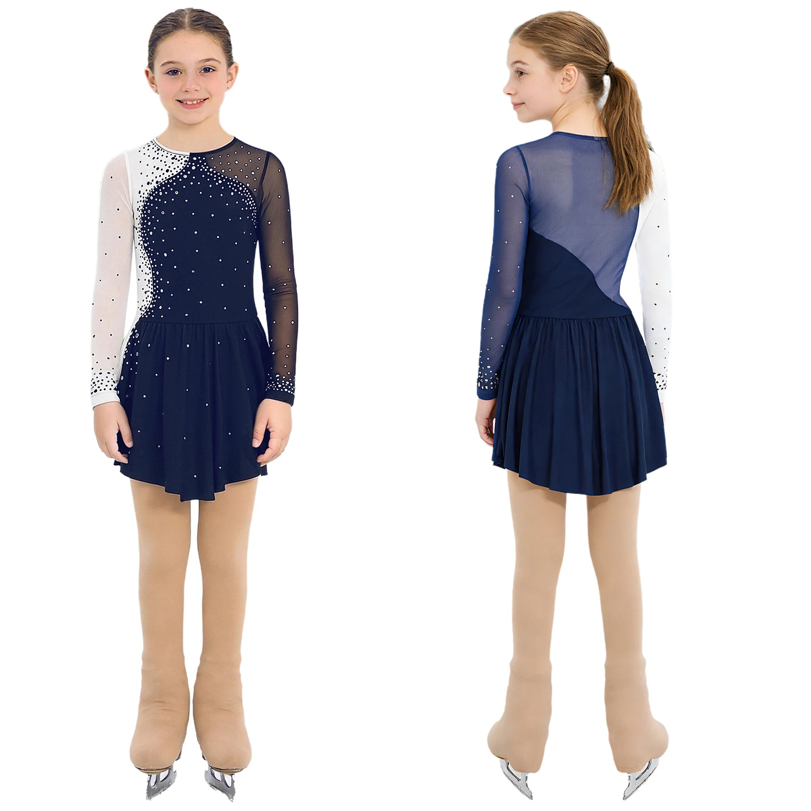 

Kids Girls Ice Figure Skating Competition Dancewear Long Sleeve Shiny Rhinestone Decorated Latin Dance Dress with Tights Legging