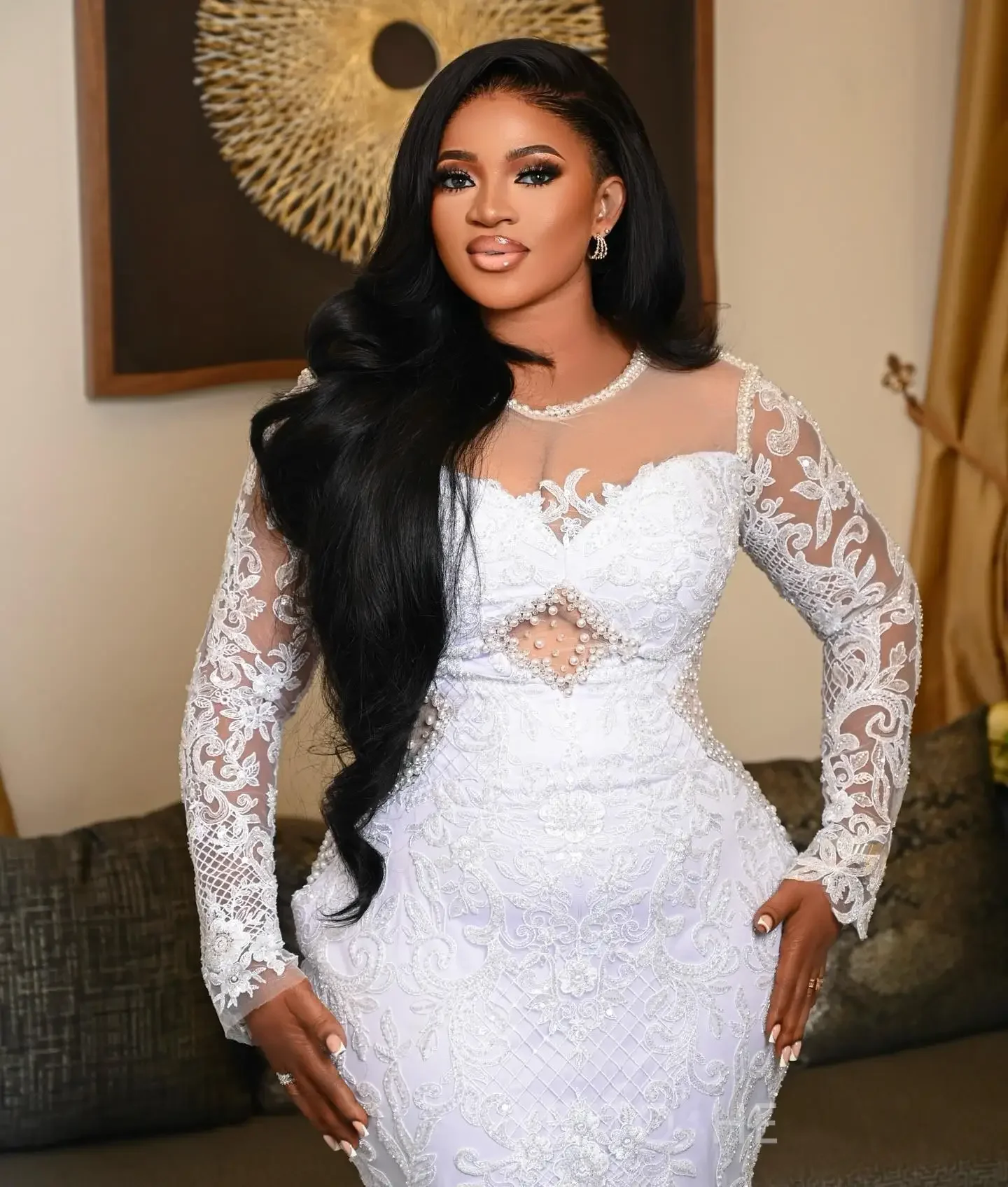 Customized Charming High Collar Lace Buttons Wedding Dresses Robe De Mariée 2025 Sweep Train Long Lantern Sleeves Bridal Gowns