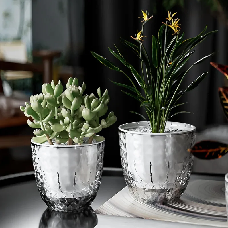 

Self Watering Flowerpot with Artificial Flowers, Automatic Water Absorbing Transparent Double Layer Plastic Succulent Plant Pot