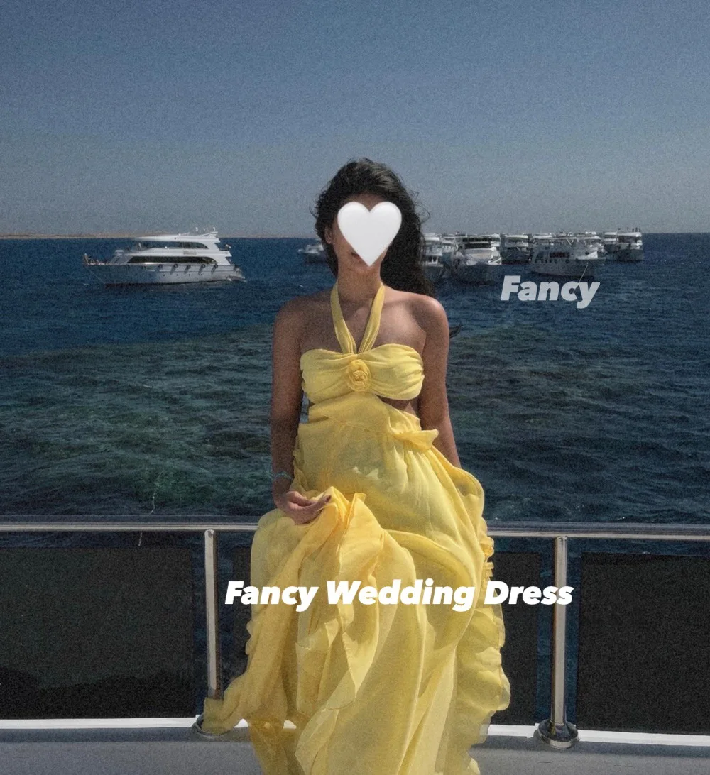 Fancy Sexy Halter Yellow Evening Dress A Line Chiffon Prom Gown Floor Length Formal Occasion Dresses Customized