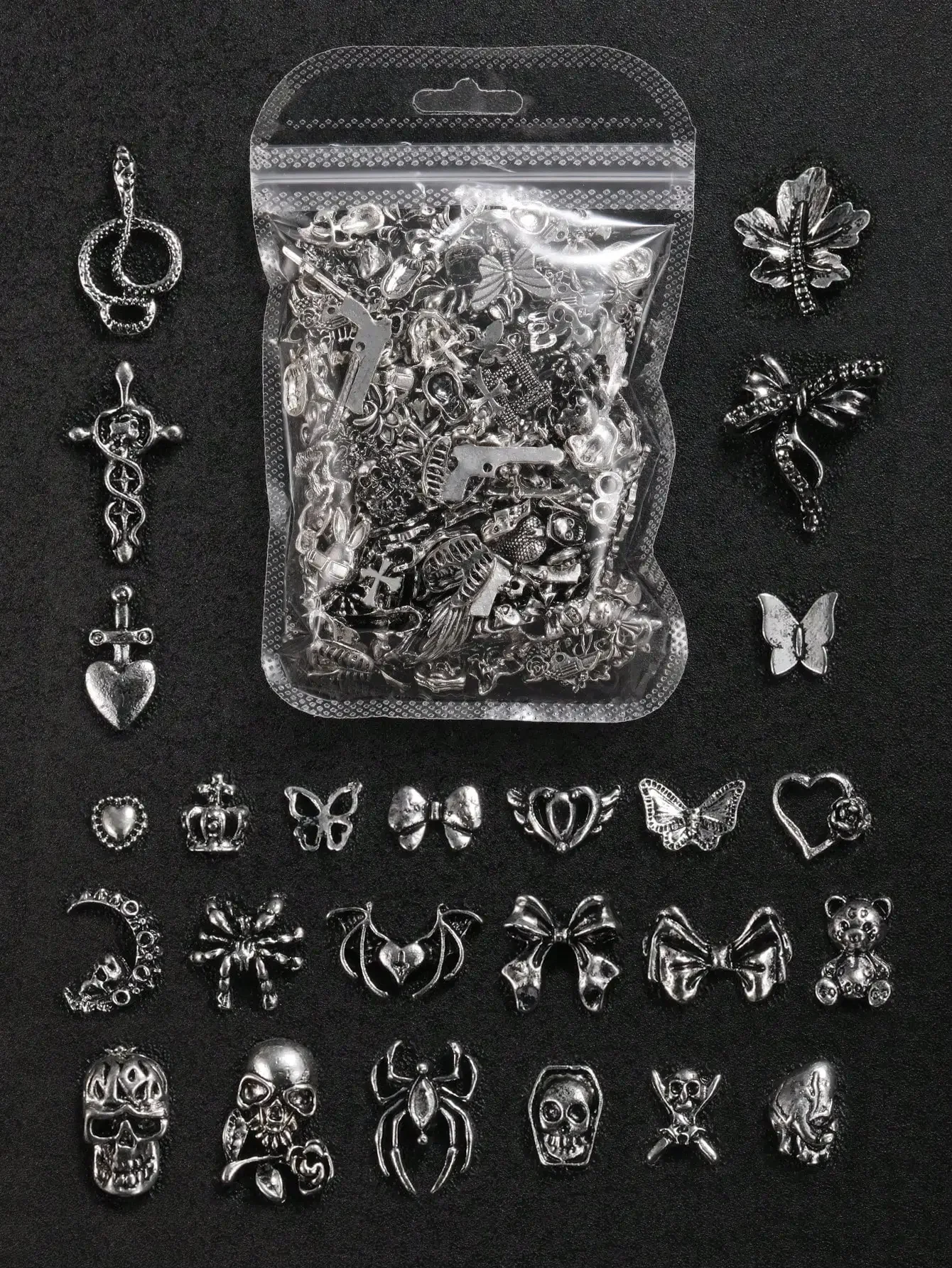 

100pcs Halloween 3D Skull, Crossed Hands, Bat, Heart, Spider, Snake, And Devil Metal Nail Art Decorations; Vintage Snake, Devil, Skull, Rabbit, And Bat Bone Nail Jewelry; Y2K Gothic Metal Nail Gems For DIY Girls; Acrylic Nail Stickers For Phone Cases, Sho
