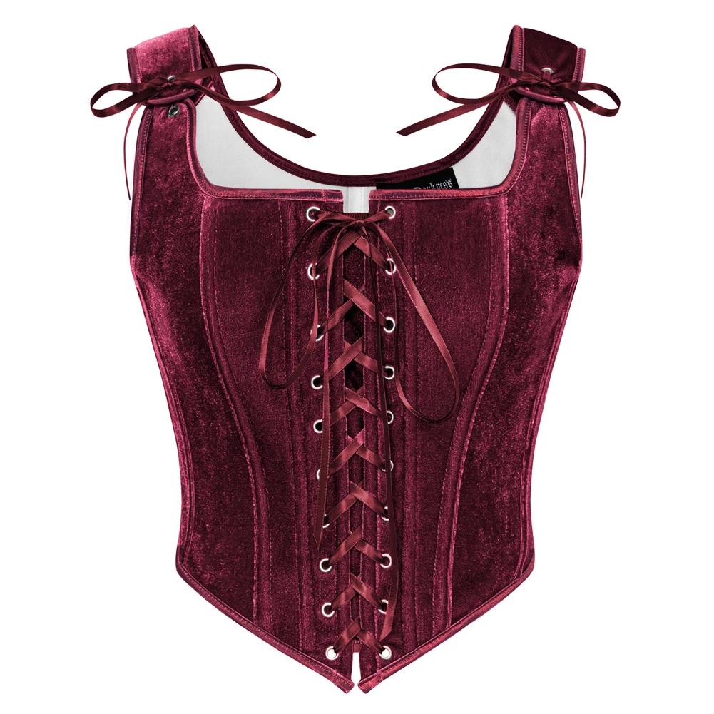 SD Women Tank Tops Vintage Renaissance Velvet Corset 12 Bones Square Neck Cross Lace-Up Front Jackets Coats Vest  Sleeveless Top