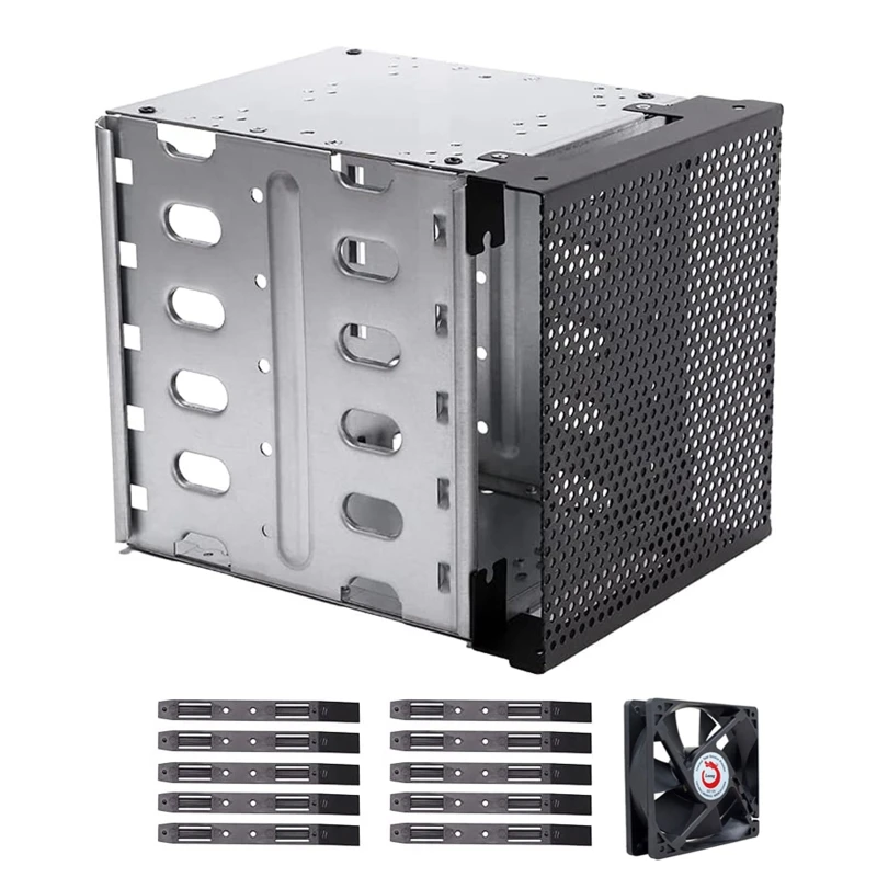 HDD-Festplattenregal für Festplatten mit Lüfter, Platz für Festplattenkäfige, Adapter-Rack-Halterung, Edelstahlkäfig, 5,25 Zoll bis 5 x 3,5 Zoll