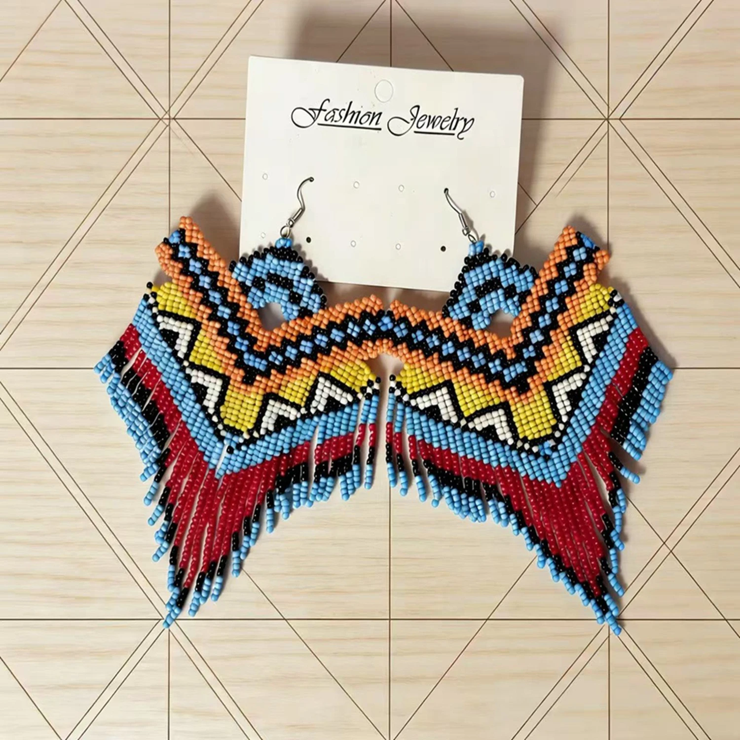 ZGMXR Rice bead earrings Tassel Gradual color Geometry Rainbow Hand-woven Fashion Simple Alloy Woman Beaded earrings