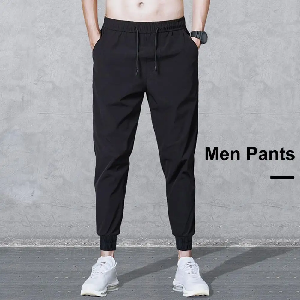 Men Pants Side Pocket Men Ankle-length Drawstring Ninth Pants Elastic Waist Solid Color Gym Traning Jogging Sweatpants Trousers