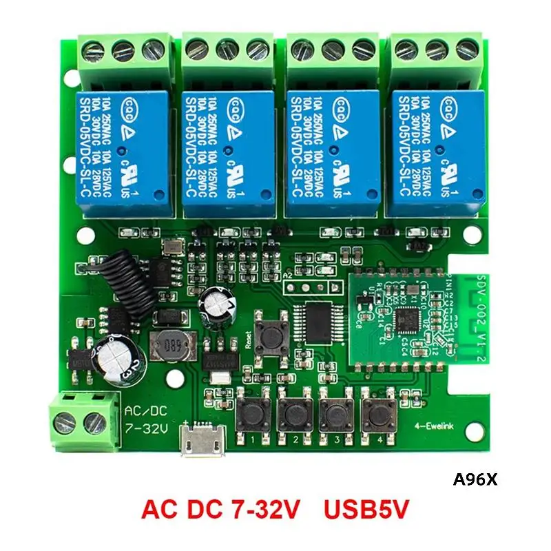 

Wifi RF Switch 7-32V Smart Switch 4 Channels Wifi Switch Relay RF Remote Control