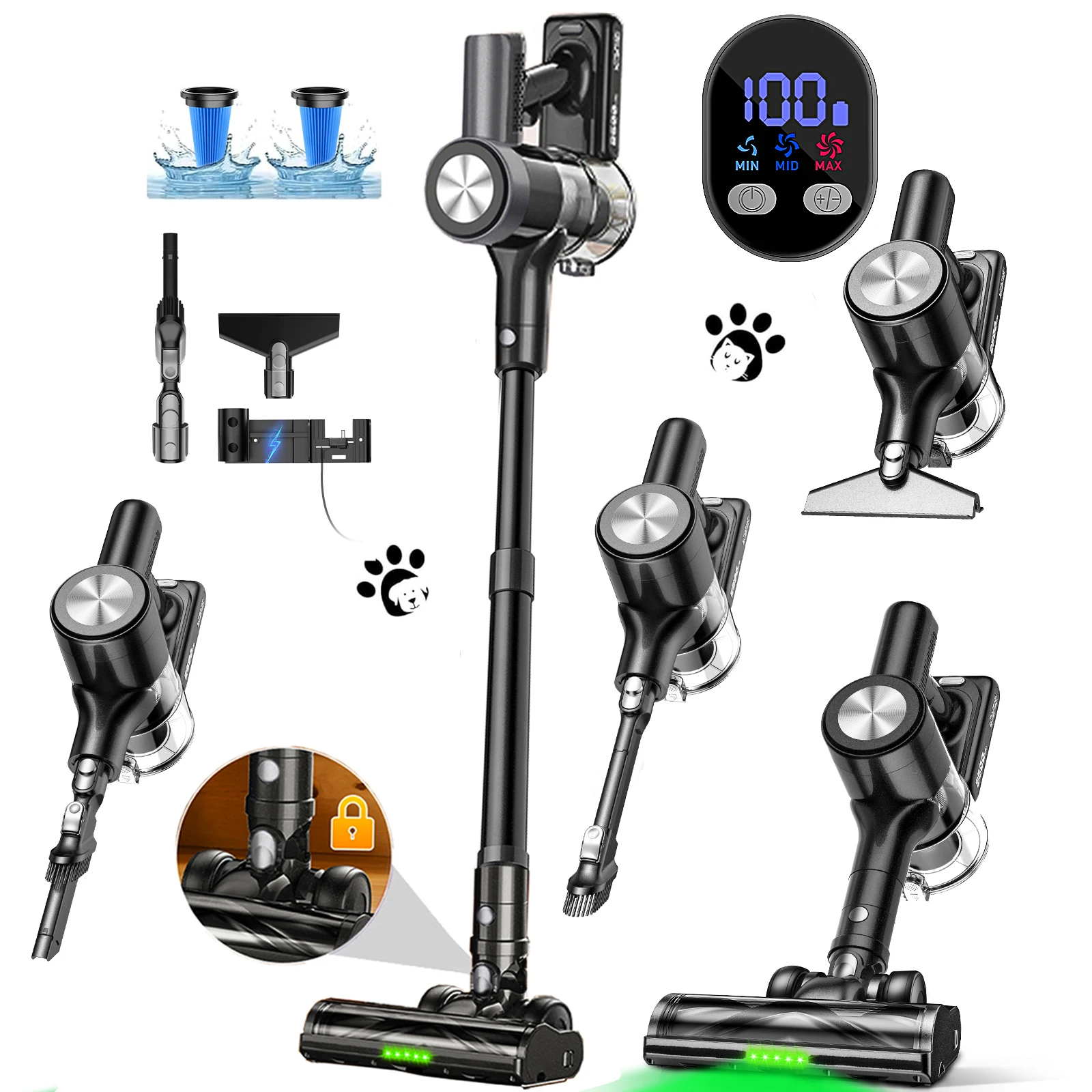 

Cordless 46KPa/500W Stick Vacuum Cleaner 55 Mins Runtime Self-Standing LED Display Anti-Tangle Brush Rechargeable for Home Use