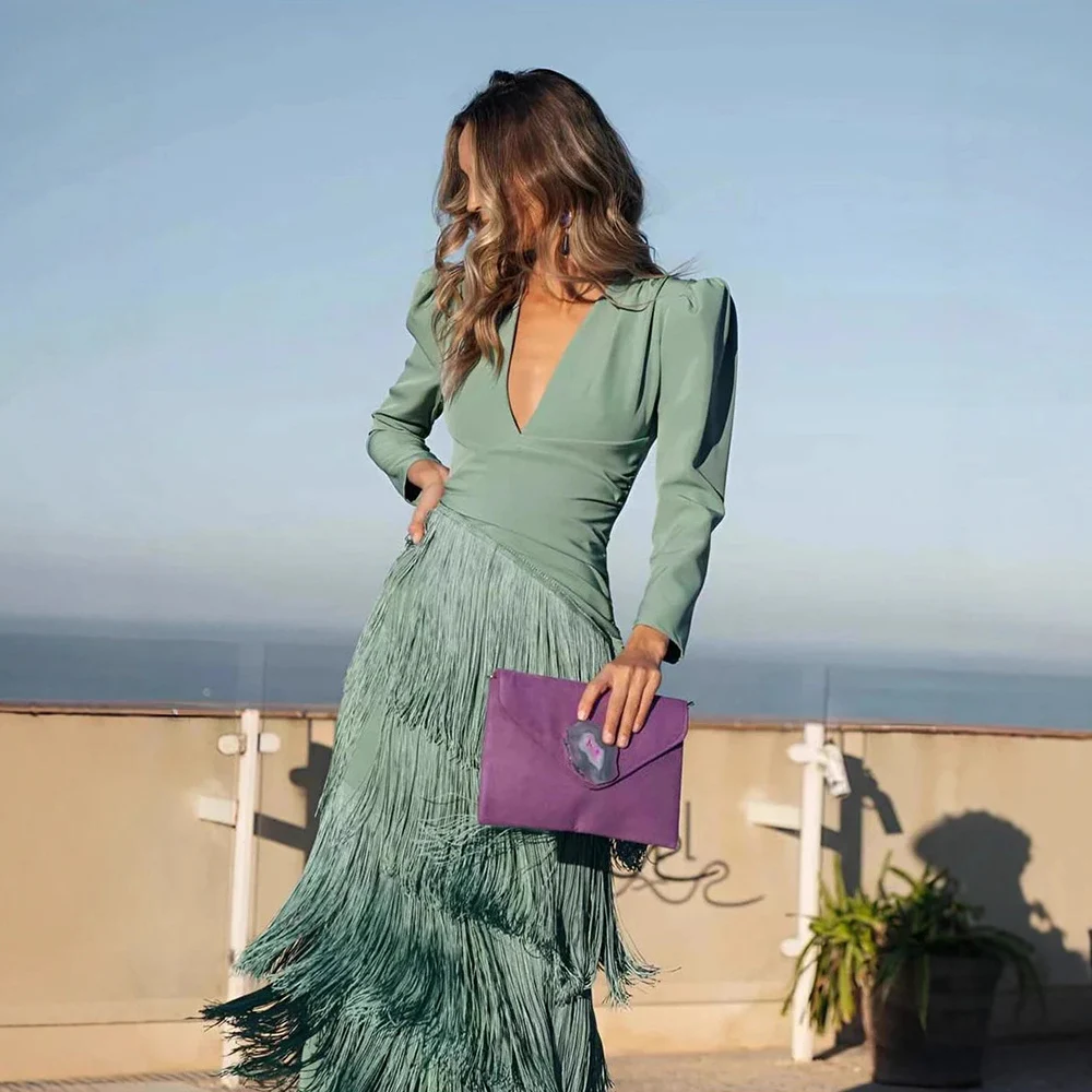

Women Elegant Tassel Splicing Evening Dress Solid Ruched V Neck Long Sleeve French Slim Female Cocktail Party Chic Maxi Dresses