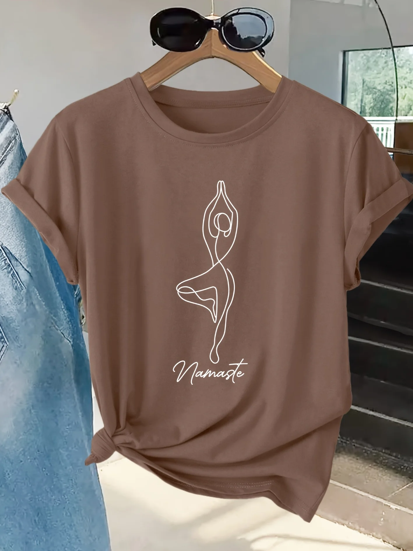 Women's T-shirt Minimalist Line Yoga Namaste Printed T-shirt Comfortable Round Neck T-shirt Home/Outdoor Casual Top