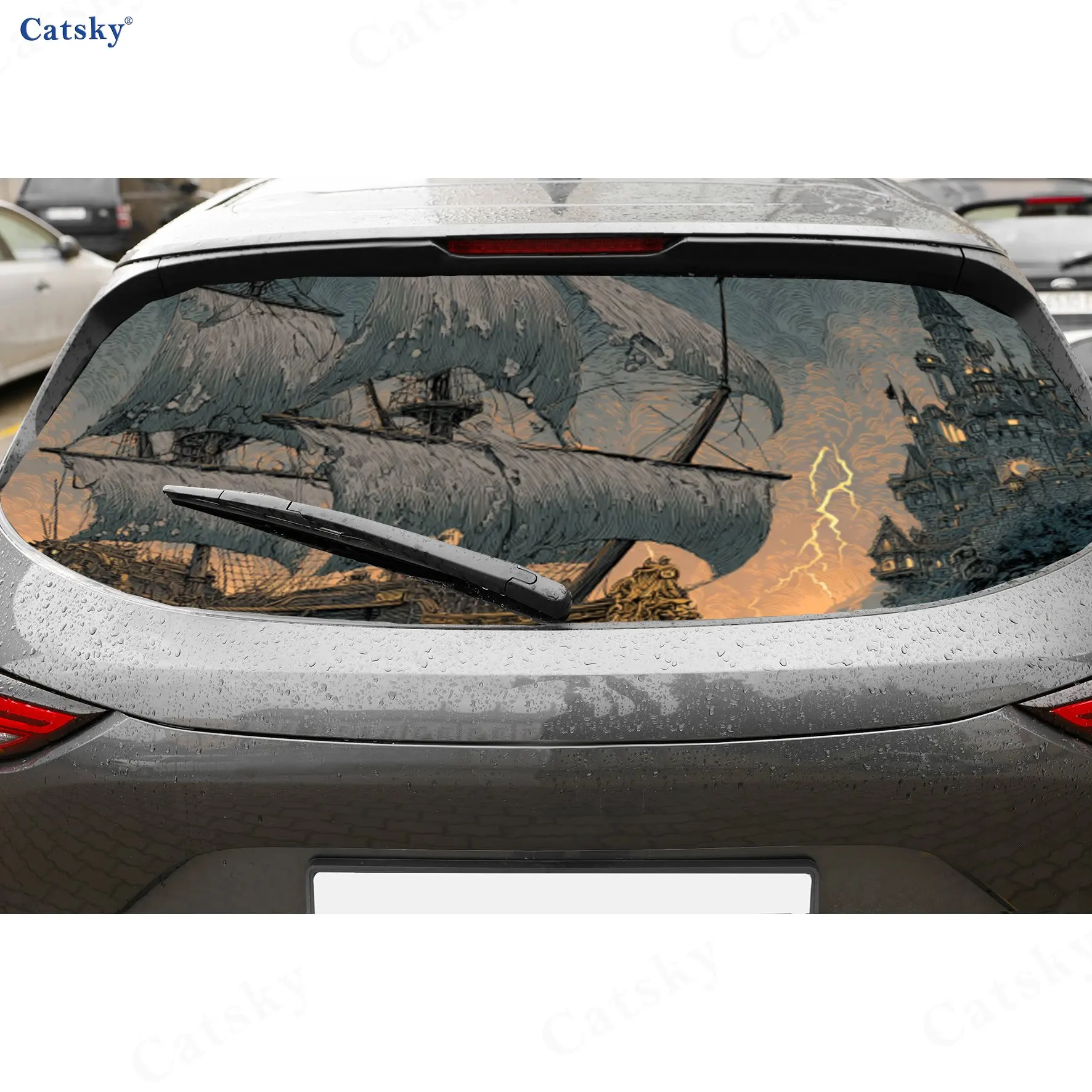 

Pirate Ship Lightning Storm Journey PVC Perforated Car Vinyl Wraps, Durable Car Rear Windshield Sticker, Waterproof Car Rear Win