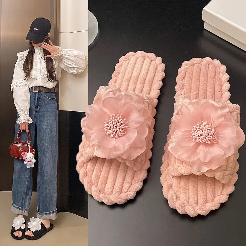 

2025 NEW Women's Floral Indoor Flat Bottom Plush Autumn Winter Cotton New Version Single Strap Indoor Slippers