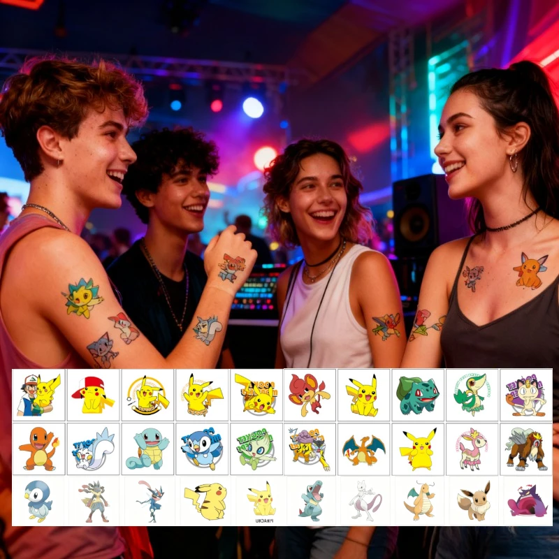 

20 Pcs 5×5cm Pikachu Temporary Tattoos for Kids - Cartoon Water-Transfer Disposable Tattoos for Festivals & Parties