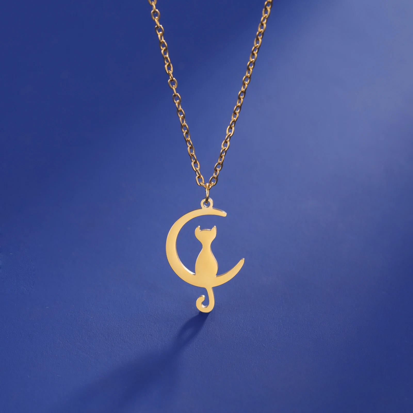 

Kkjoy Fashion Stainless Steel Gold Color Cute Cat Moon Pendant Necklace For Women Girls Animal Choker Jewelry Gifts Wholesale