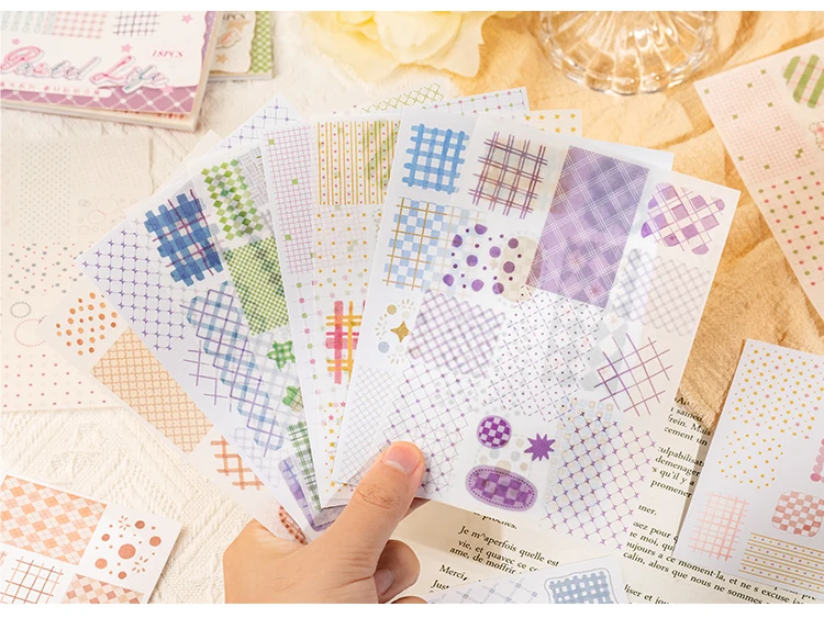 Cute Cartoon Grid Theme Die Cut Stickers Book - 18/36 Sheets Handmade Dairy Stickers Decorative Scrapbooking Japanese Stationery