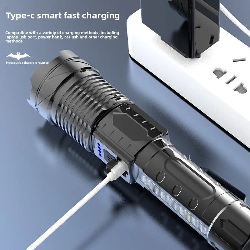 Rechargeable P50 Tactical Flashlight: White Laser, COB Side Light, Zoom Searchlight, Digital Display, Portable Outdoor Patrol