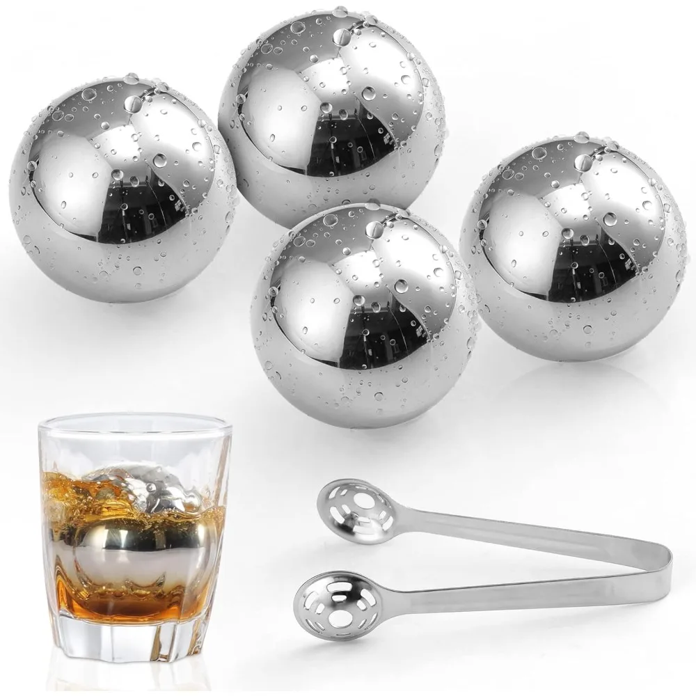 

4PCS Whiskey Stones with Suitable Tongs Reusable Stainless Steel Ice Balls For Whiskey Beer Juice Family Party Bar Chilling Tool