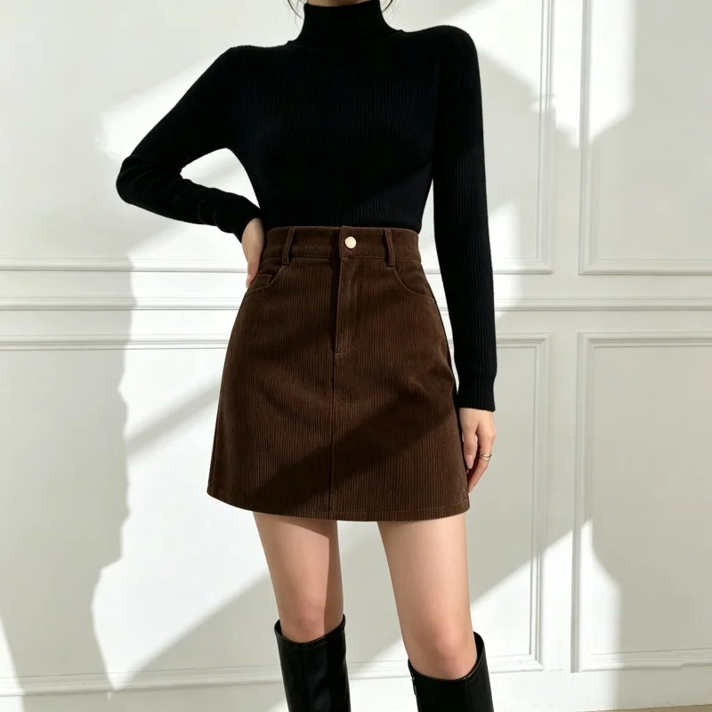 Women Summer Elegant Simple Commuter Corduroy Skirt Fashion Street High Waist A-Line Pencil Skirt Slim Fit Short Skirts