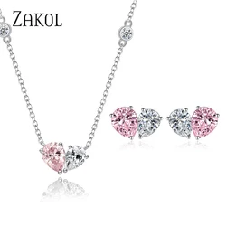 ZAKOL Romantic Pink Zirconia Heart Jewelry Sets for Women Fashion Water Drop Earrings Necklace Set Love Wedding Accessories