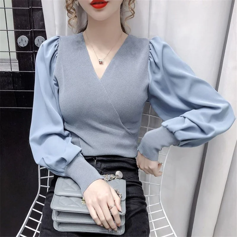 Ropa de punto de manga larga con cuello en V para mujer, Tops delgados, blusas elegantes, moda coreana, primavera y otoño, 2023