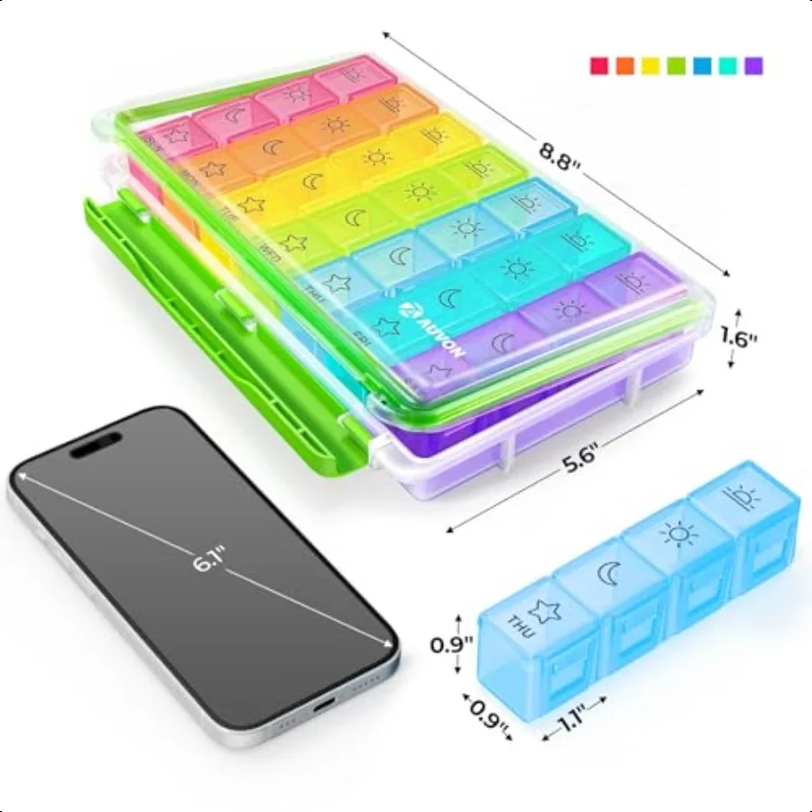 AUVON iMedassist MoistureProof Weekly Pill Organizer 4 Times a Day Large 7 Day Pill Box Portable for Travel with Removable Indi