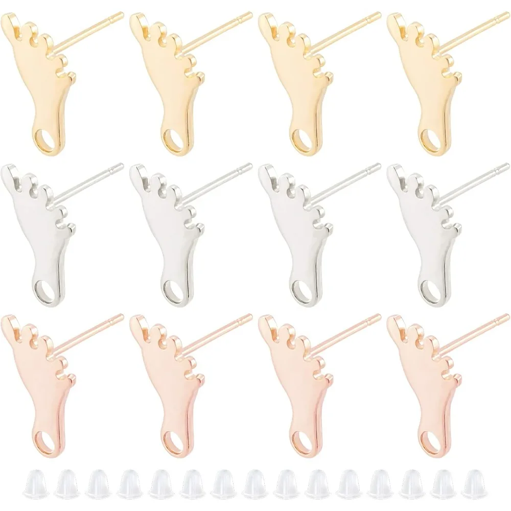 30Pcs 3 Colors Foot Print Stud Earring Hypoallergenic Earring Posts with Loop Stainless Steel Feet Shape Stud Ear