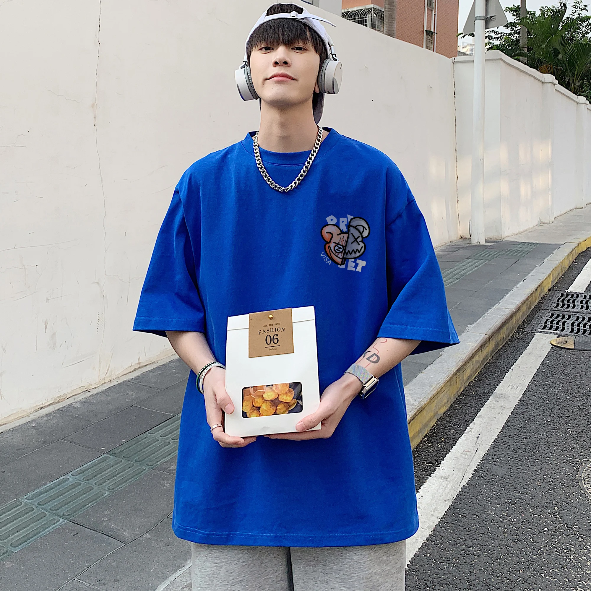 Penjualan Terlaris Musim Panas 2025 Pakaian Pria Wanita Uniseks Jepang Leher Bulat Longgar Trendi Pria Kualitas Tinggi Katun Cetak Beruang Menyenangkan