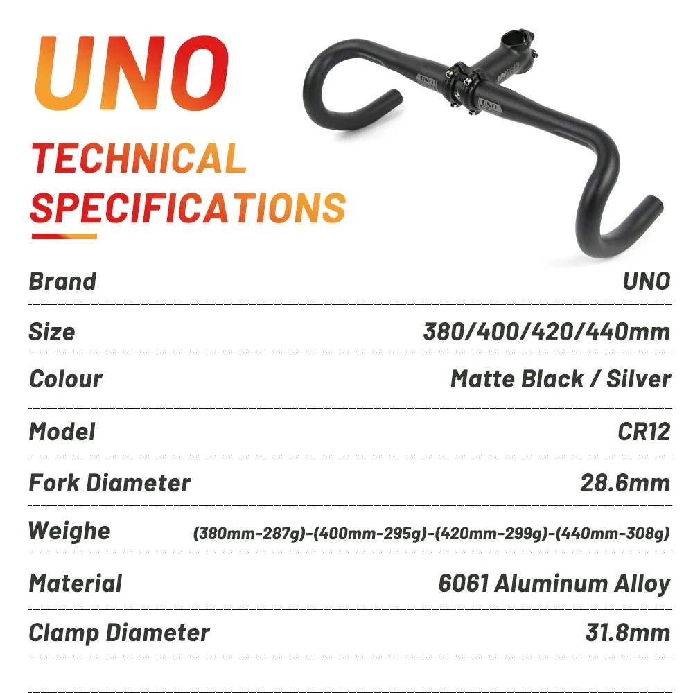 UNO Aluminum Alloy Racing Road Bike Handlebar Bent Bar Bicycle 25.4/31.8mm 380/400/420/440MM for Accessories