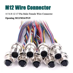 M12 4 5 6 8 12 17 Pin Socket with 30CM Wire Waterproof Male Female Connector Opening M16 M12 PG9 Panel Rear/Front Wire Plug