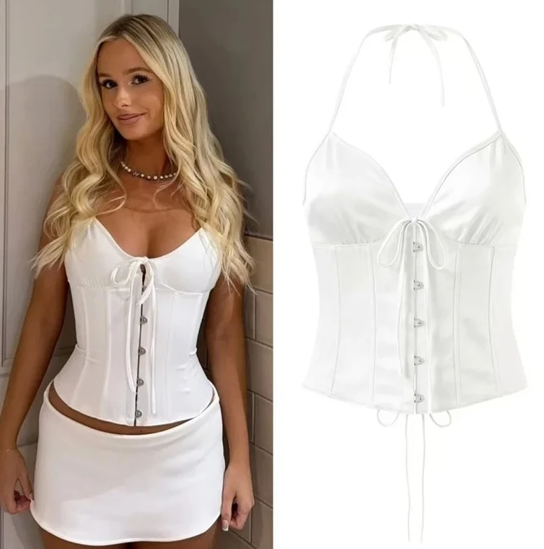 

Женский топ, весенний новый белый атласный топ с завязками, сексуальный формирующий топ, модный и стильный