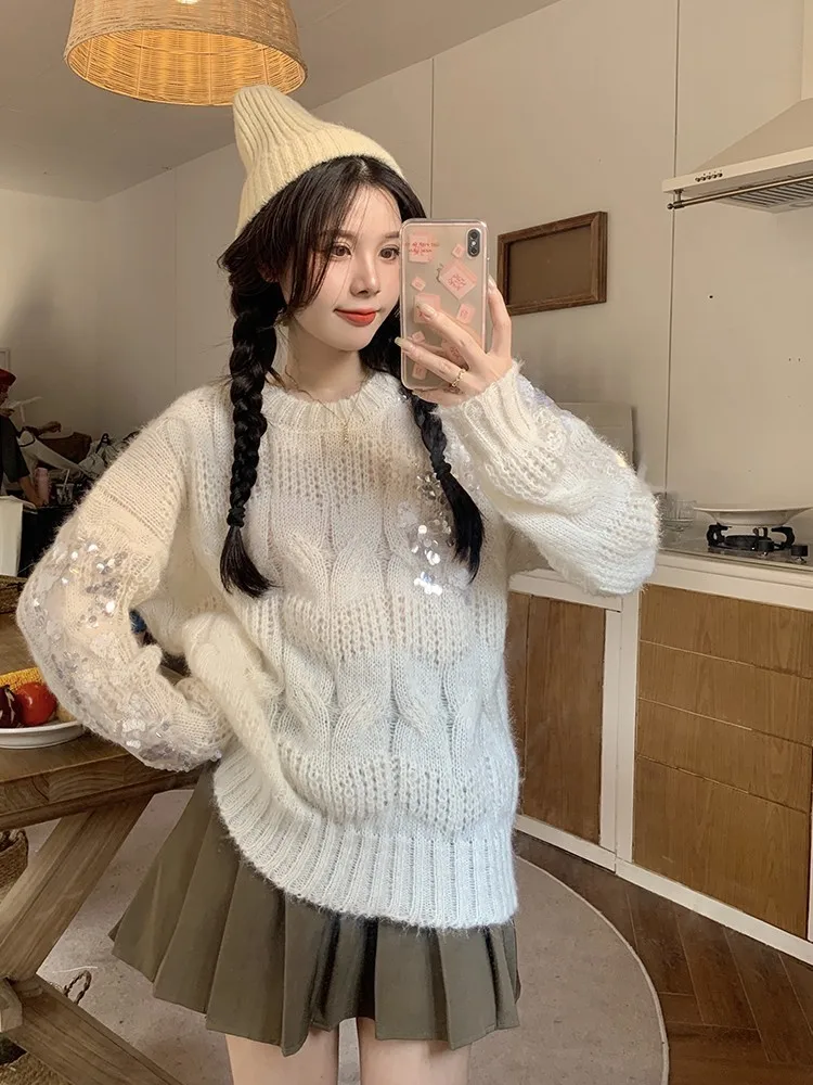 Autumn Winter New Ladies Korean Ins Fashionable Stylish O-neck Knitted Top Women\'s Sweet Fairy Solid Sequins Pullover Sweater