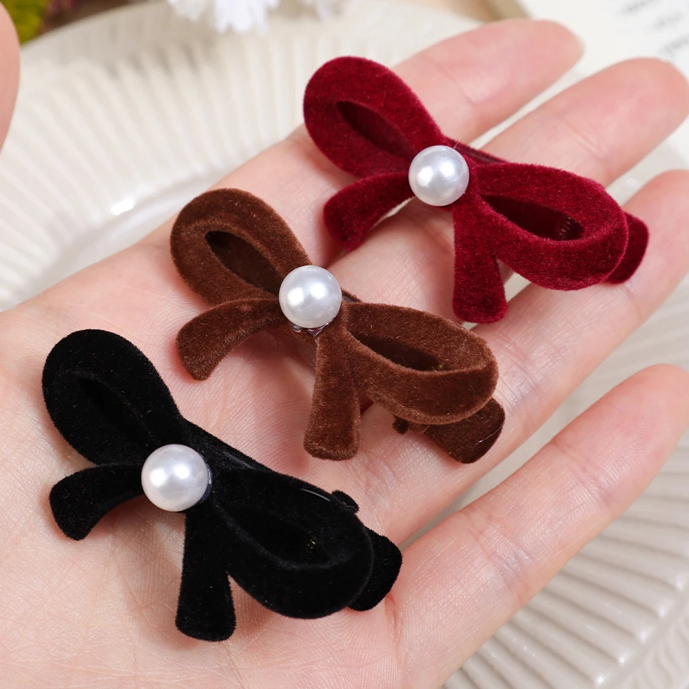 Korean Velvet Pearl Bow Hair Clip for Women Girls Vintage Small Black Red Wedding Hairpins Sweet Barrette Hair Accessories