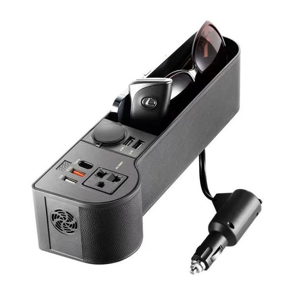 Car Organizer with 12V/24V to 220V Inverter Seat Crevice Storage Box 4-USB Ports QC3.0 Fast Charging for Smartphone