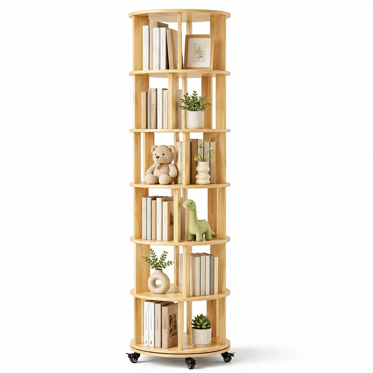 6 Tier Rotating Bookshelf 360° Spinning Tower with Locking Wheels 77.95