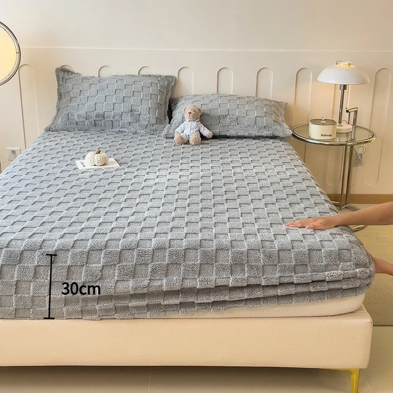 3D Grid Plush Bedsheet Three Piece Thick Plush Fully Wrapped Anti Slip Mattress Protective Cover Winter Soft Warm Fitted Sheet