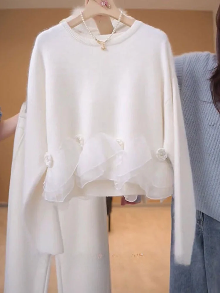 

Warm Color Knitted Sweater with Me Splicing Loose Long Sve Women's Top Floral Design Casual Comfortable Winter Wear