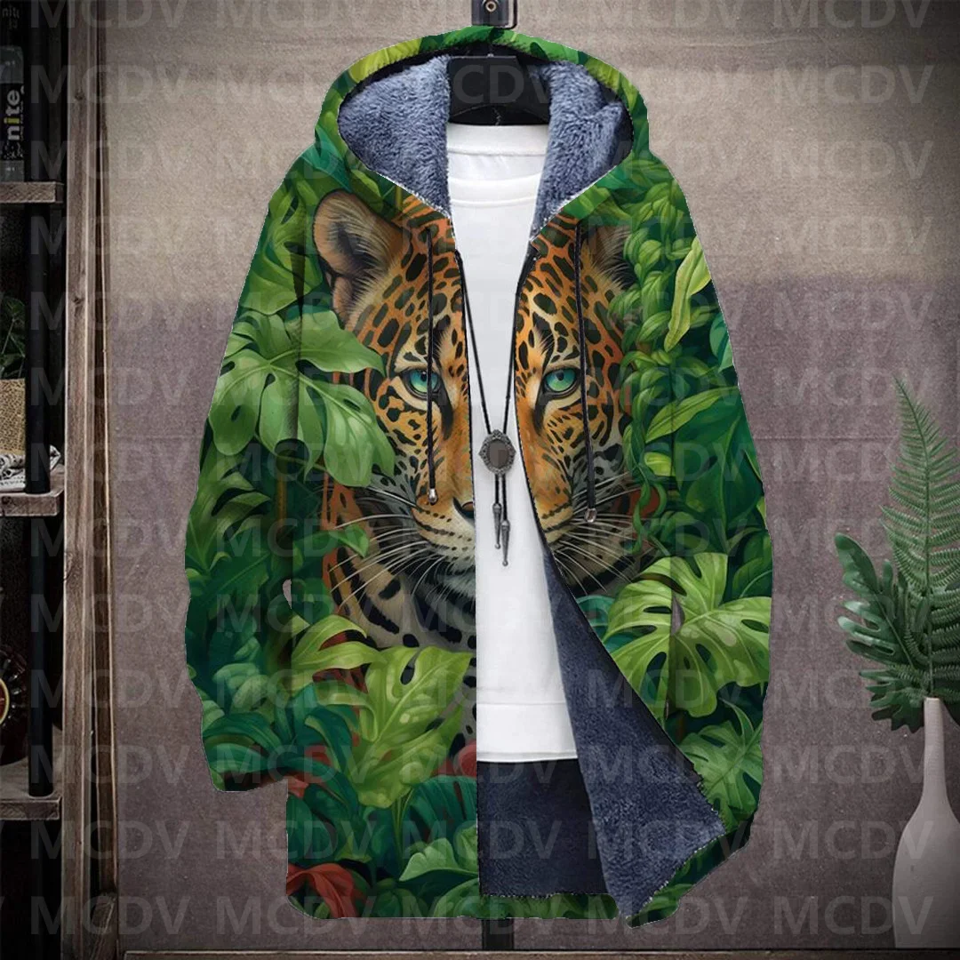 

Men's Retro Print Plush Thick Long-Sleeved Coat Cardigan Leopard 3D Prined Fleece Hooded Overcoat Unisex Thick Warm Jacket