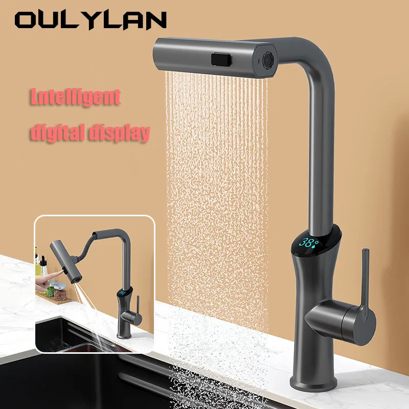 NEW Faucet Vegetable Washing Basin Multifunctional LED Digital Display Tap Rotating Pull-out Cold and Hot Water Mixer