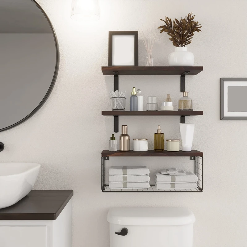 Bathroom Shelves Over Toilet, Floating Bathroom Wall Shelves With Wire Basket, Shelf For Wall Decor Wood Durable